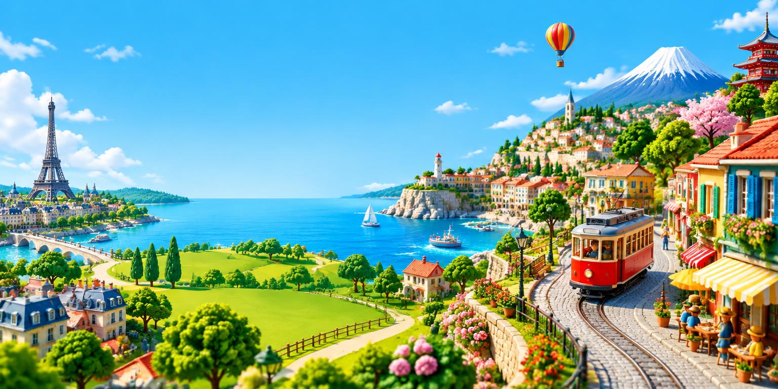 A colorful miniature world with streets, a red tram, the Eiffel Tower and Mount Fuji
